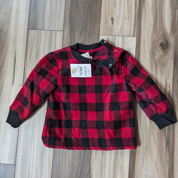 NWT JOE FRESH Baby Boys Fleece Top Red Plaid Check Neck Cardigan 12-18 M… - Picture 1 of 6